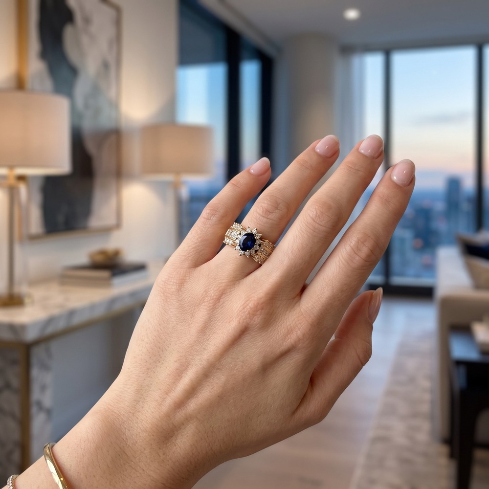 Women's Ring 13.5 Gold Blue Faux Sapphire Crystal Cocktail Statement Ring